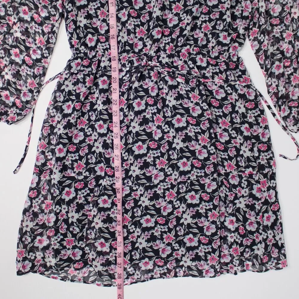 NWT Banana Republic Black Pink Floral Country Cottage Tie Waist Dress Women L
